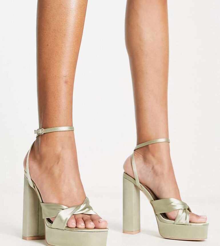 Be Mine Wide Fit Margot platform heeled sandals in sage satin-Green