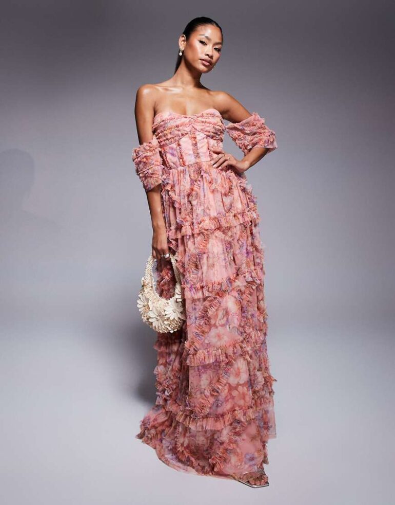 Beauut off shoulder ruffle maxi dress in pink floral