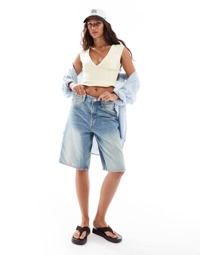 Bershka adjustable waist baggy longline shorts in mid blue