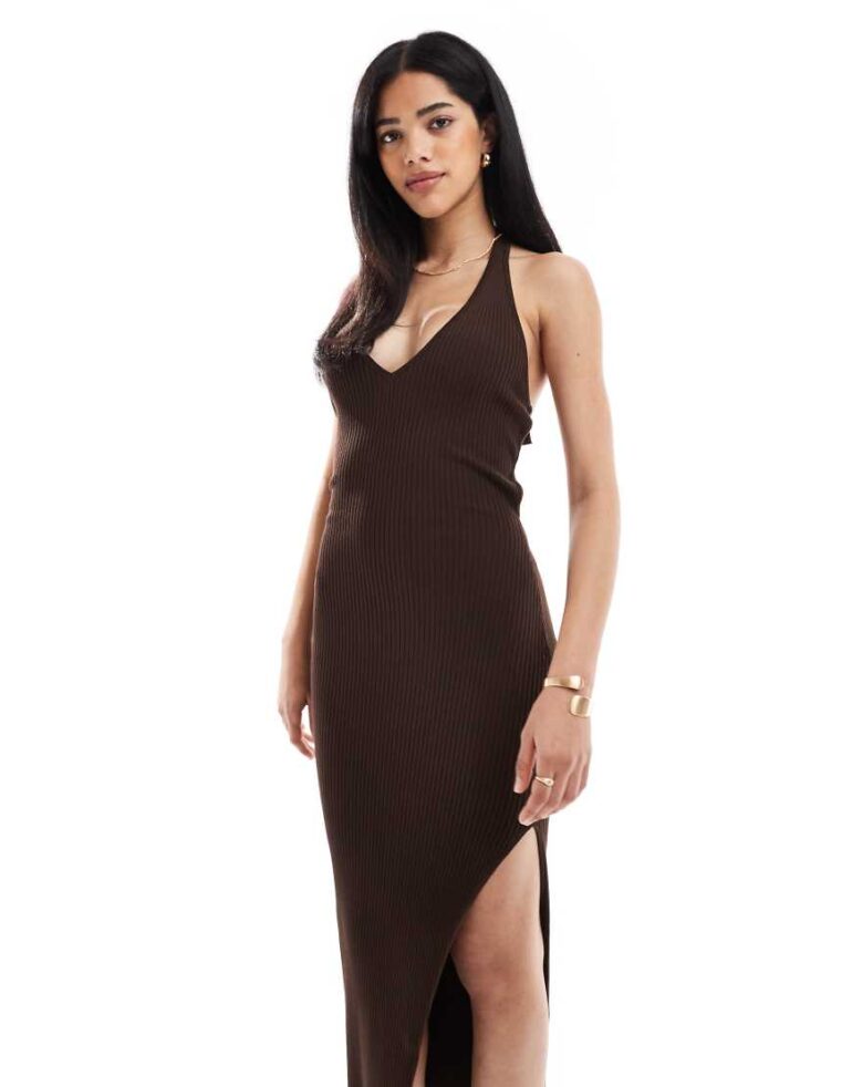 Bershka halterneck knitted bodycon midi dress in brown