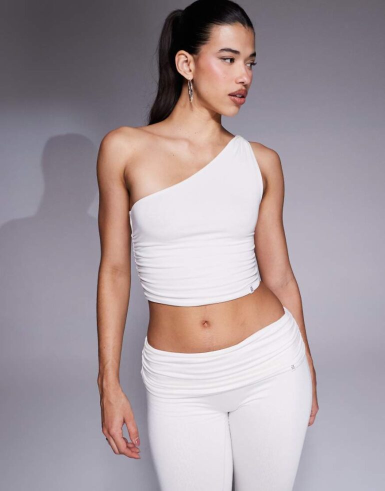 Bo+Tee Ballet Class one shoulder crop top co-ord in soft white