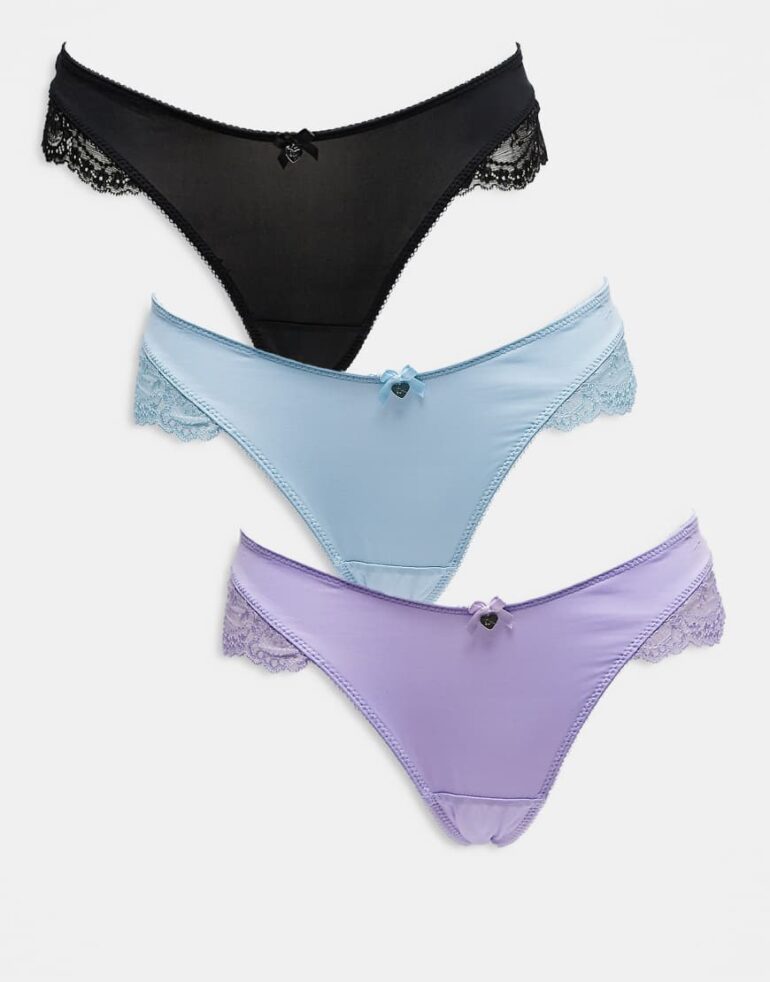 Boux Avenue Stella 3 pack satin and lace high leg thong in multi
