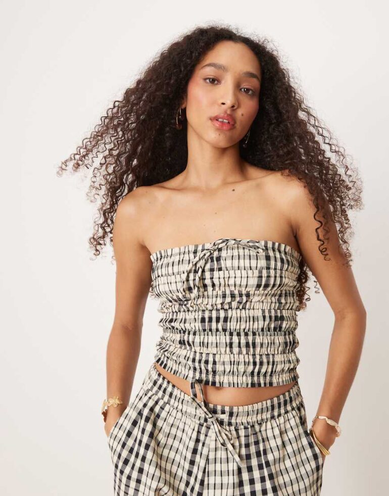 Brave Soul Co-ord shirred bandeau top in check design-Neutral