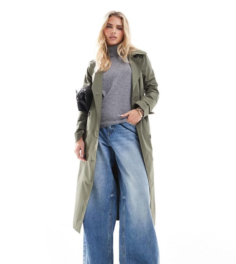 Brave Soul Petite longline belted trench in khaki-Green