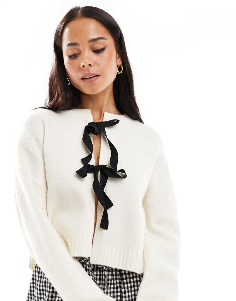 Brave Soul cardigan with bow front ties in cream and black-White