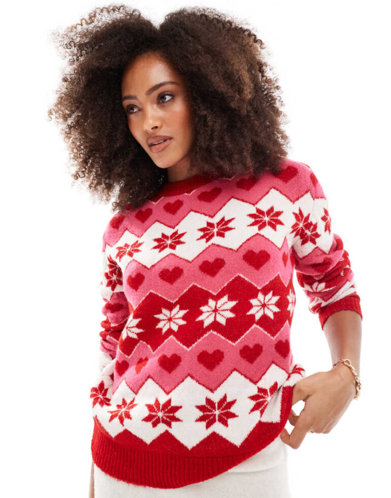 Brave Soul crew neck jumper in christmas snowflake print in red