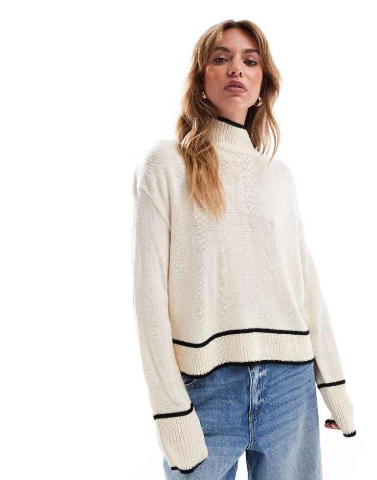 Brave Soul high neck cropped jumper with piping hem detail in cream-White