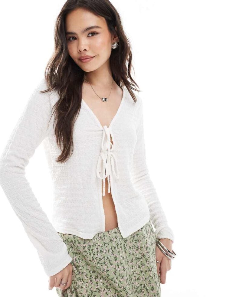 Brave Soul long sleeve jersey tie front top in white