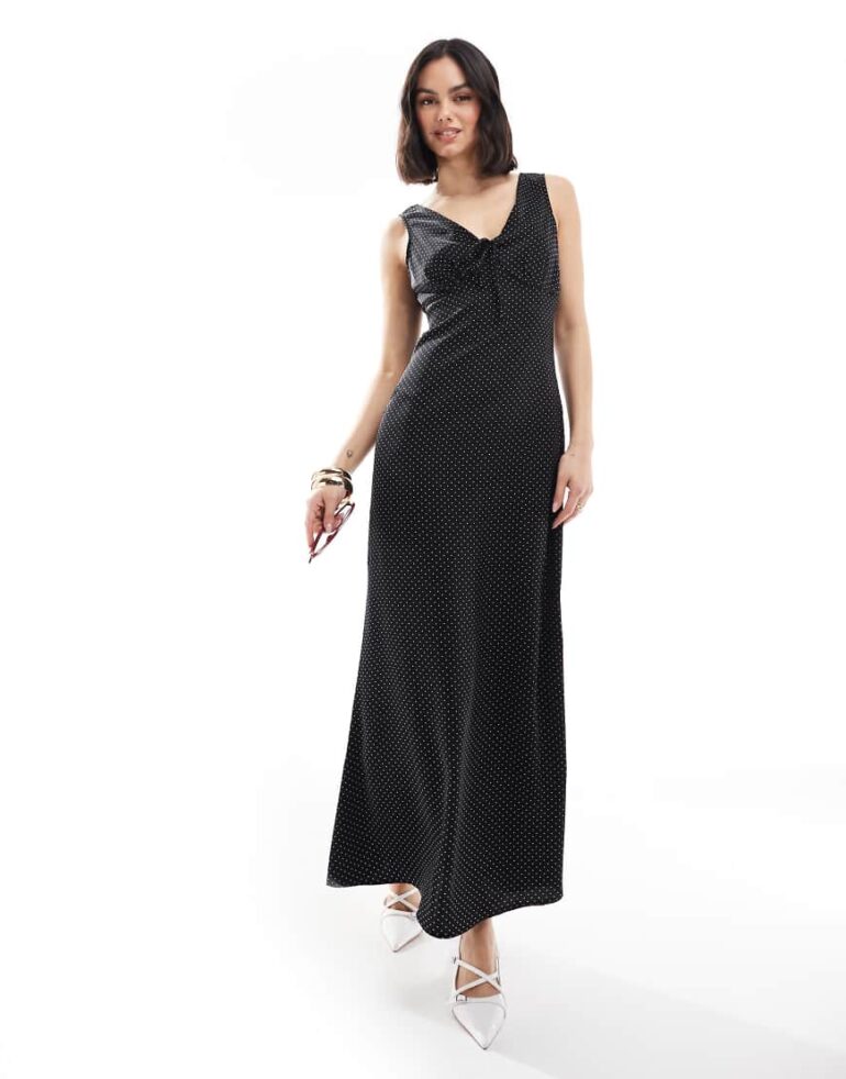 Brave Soul polka dot sleeveless satin dress in black
