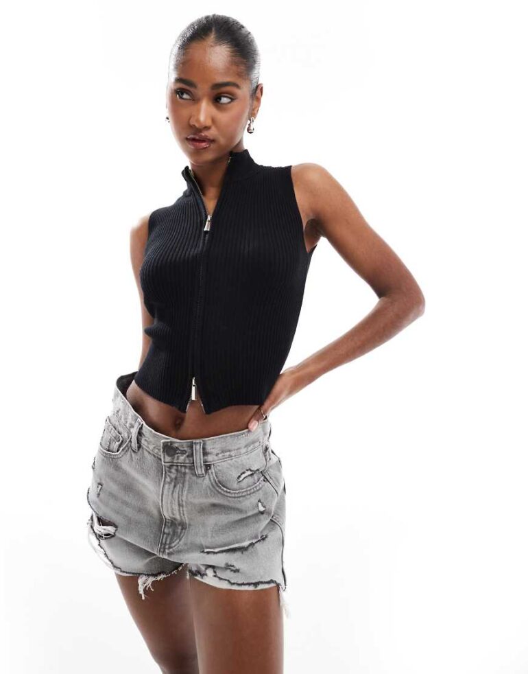 Brave Soul ribbed knitted waistcoat with zip in black