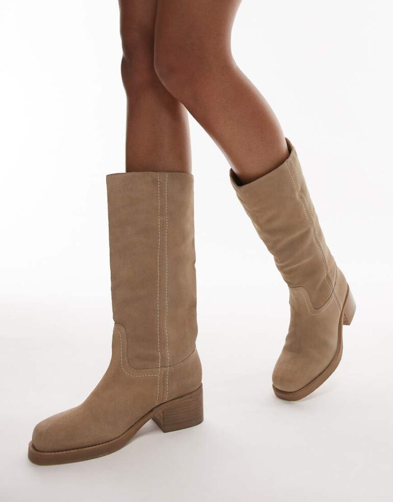 Bronx Ky-ley western knee boots in oatmilk washed suede-White