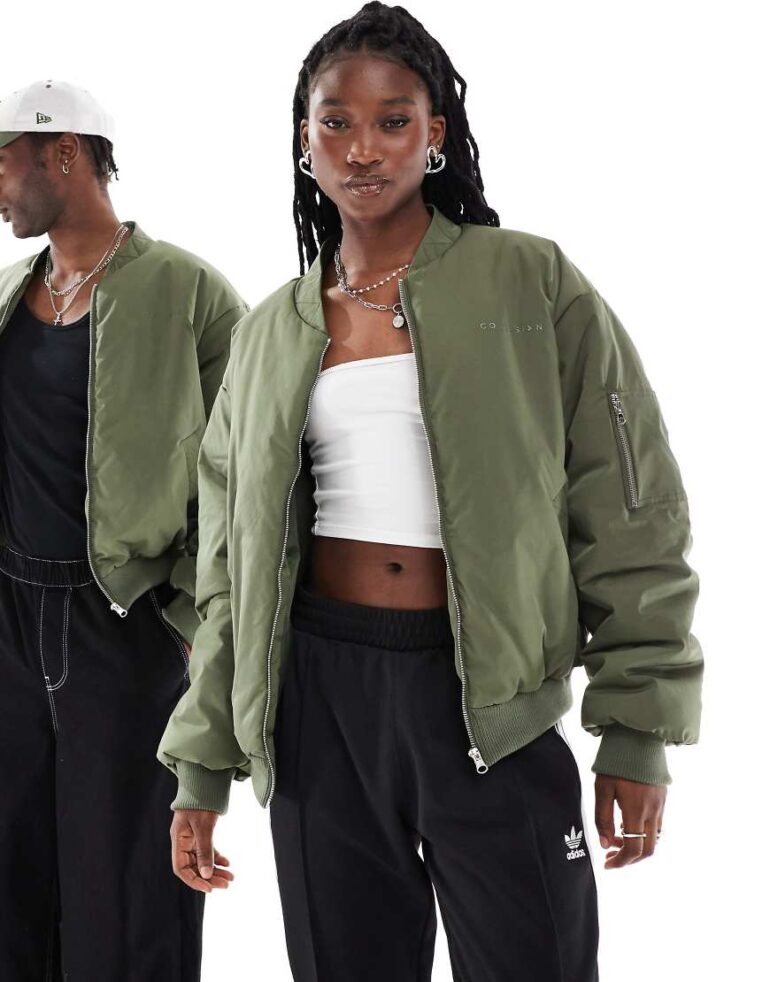 COLLUSION Unisex nylon bomber jacket in khaki-Green