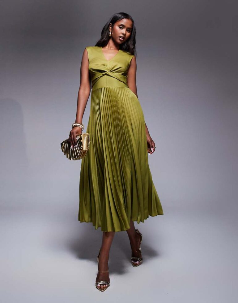 Closet London Dress closet london pleated twist dress in olive-Green