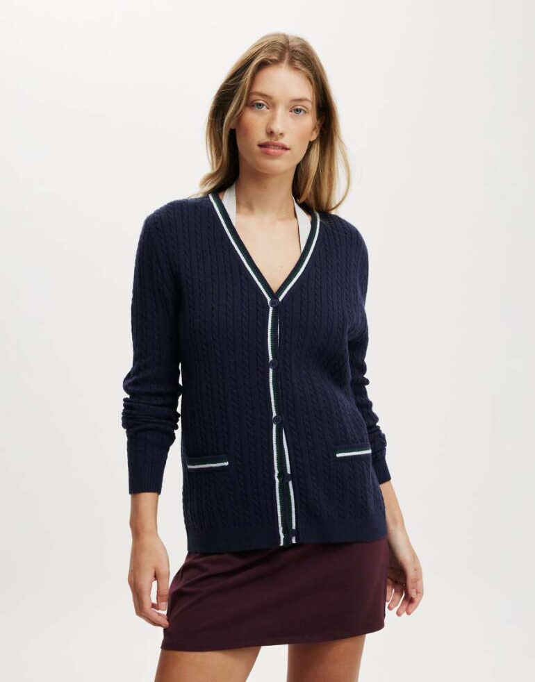 Cotton On Everfine preppy v neck cable cardigan in total eclipse-Navy