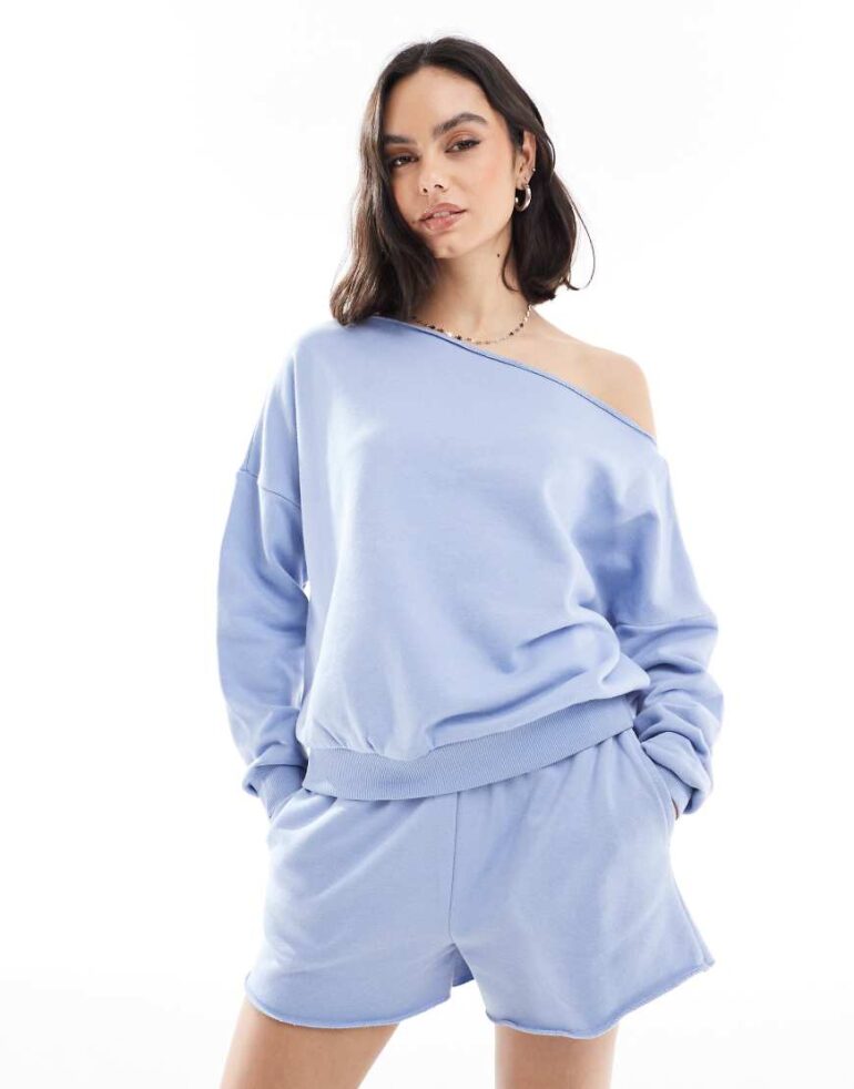 Cotton On classic fleece off shoulder sweatshirt in dusk blue co-ord
