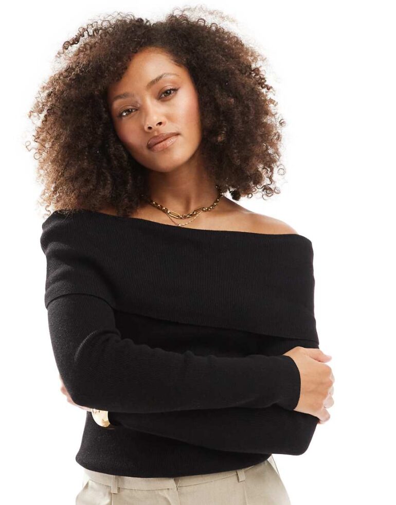 Cotton On everfine rib off shoulder crop knit jumper in black