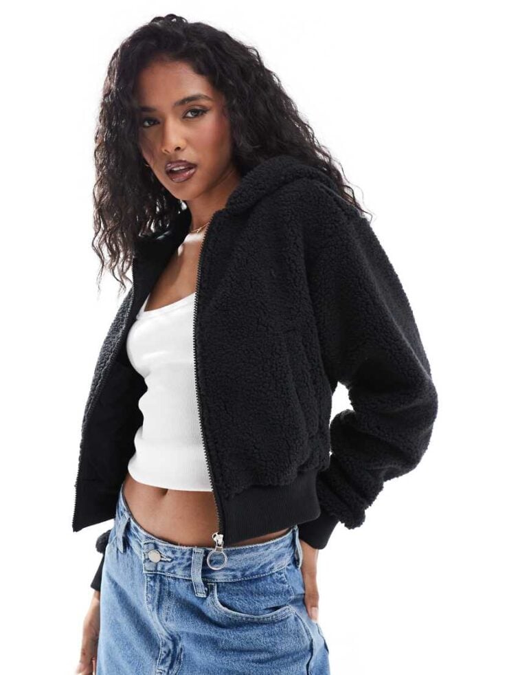 Cotton On washed sherpa zip jacket in black-White