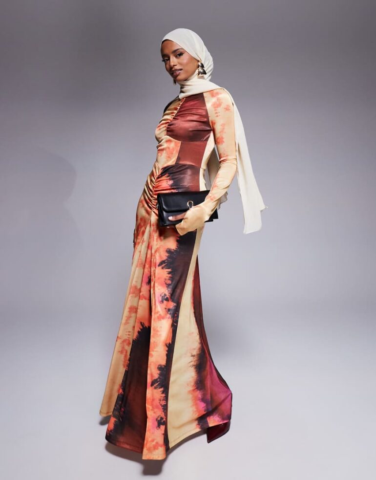 Daska jersey maxi dress with ruching detail in abstract pink print