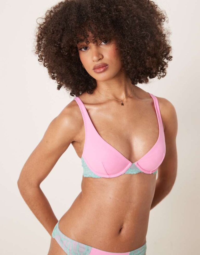 Dora Larsen Summer lace and microfibre underwire bra in bright pink and blue-Multi