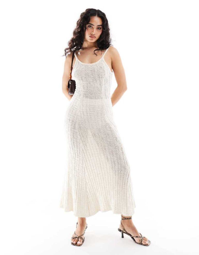 Edited crochet style midi dress in cream-White