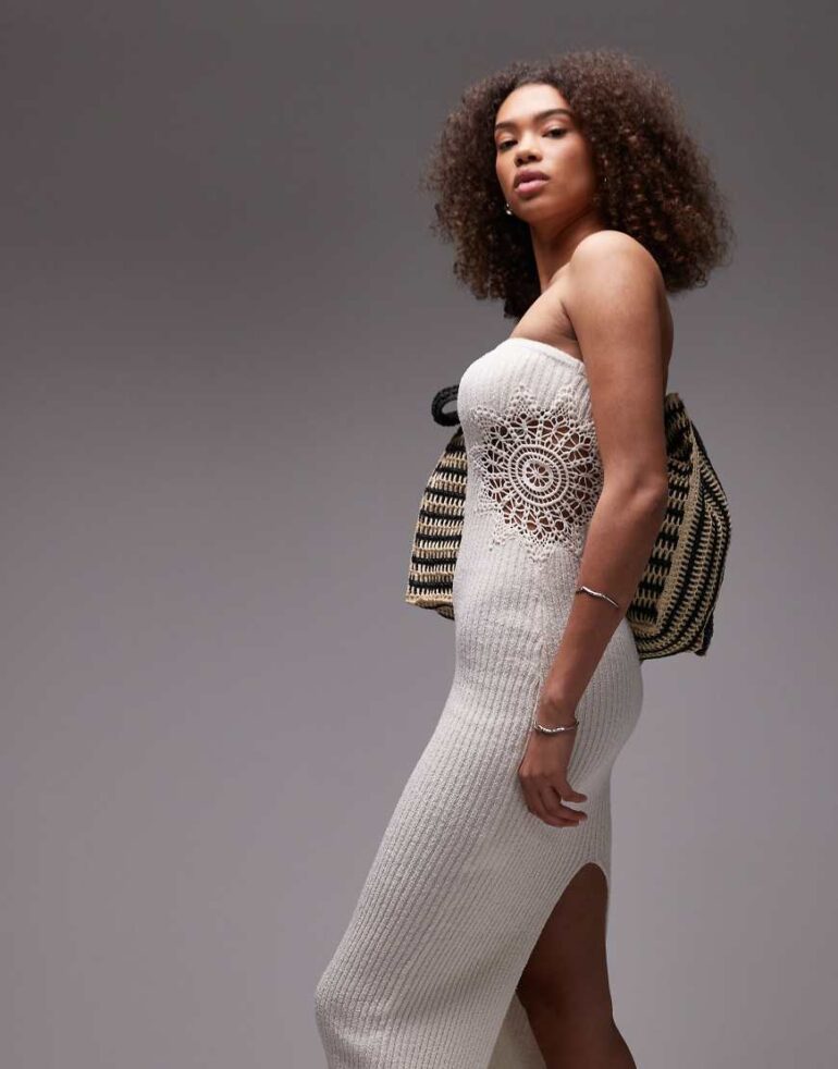Emory Park crochet insert knitted bandeau midi dress in cream-White