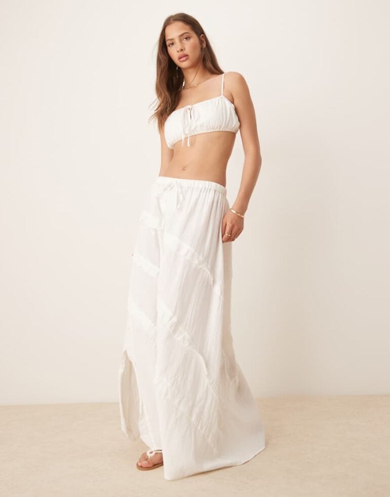 Esmee Exclusive maxi beach skirt with ruffle detail in white