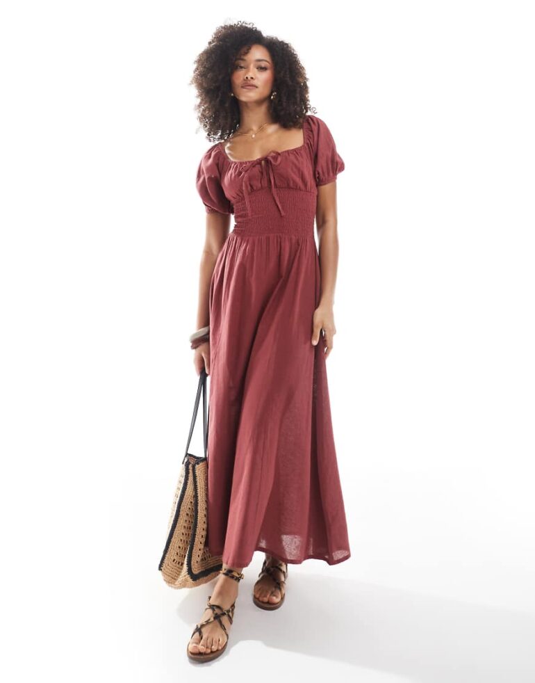 Esmee Exclusive puff sleeve tie front maxi beach dress in marsala-No colour