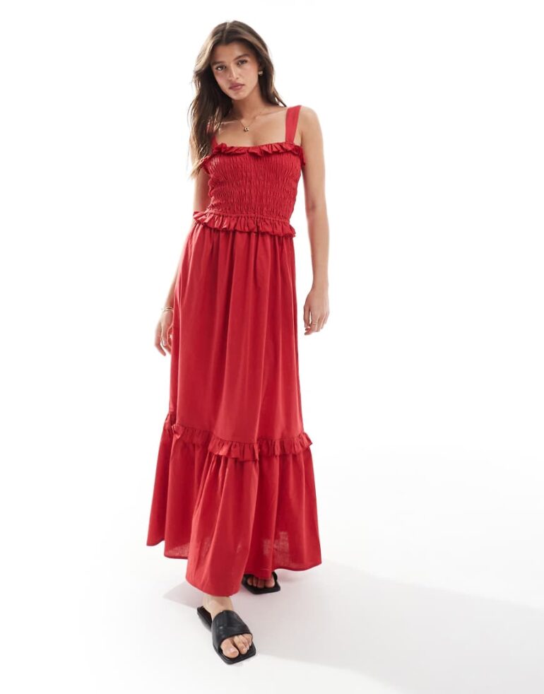 Esmee Exclusive shirring maxi beach dress with ruffle trim in red