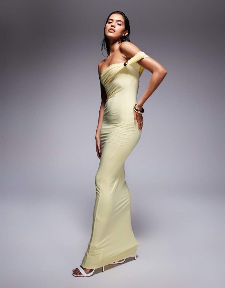 Fashionkilla double sculpted slinky one shoulder twist metal detail maxi dress in lemon-Yellow