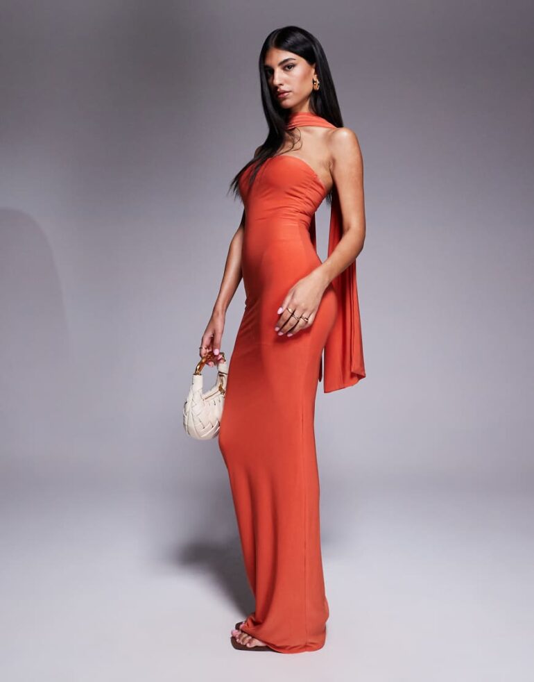 Fashionkilla double sculpted slinky scarf detail maxi dress in orange