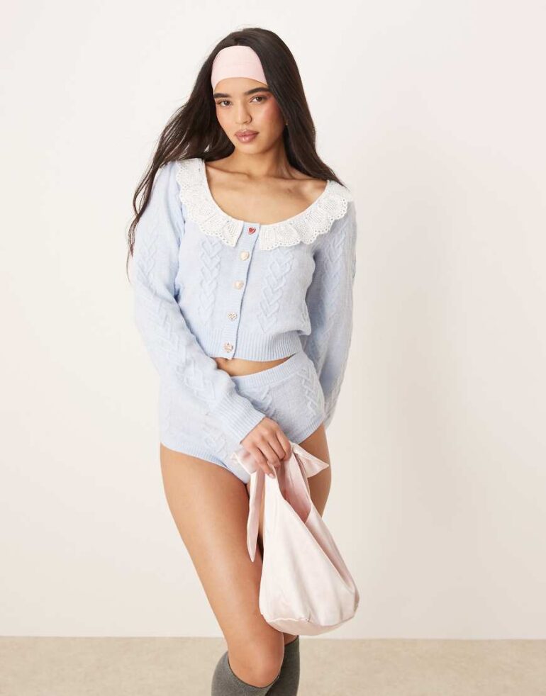 For Love & Lemons Cupid cable knit cardigan in blue co-ord