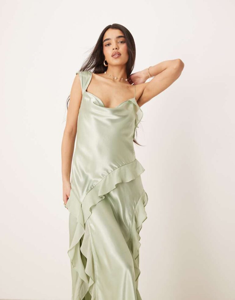 For Love & Lemons Sawyer maxi dress with ruffle detail in desert sage-Green