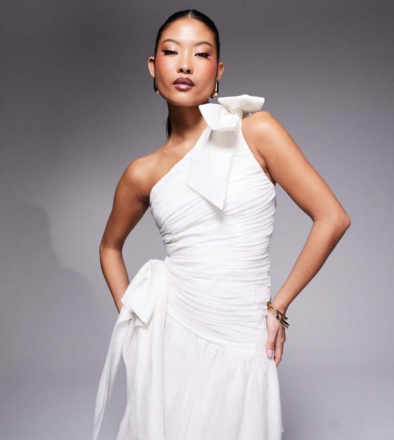 Forever New Petite bow detail asymmetric mini dress in Porcelain-White