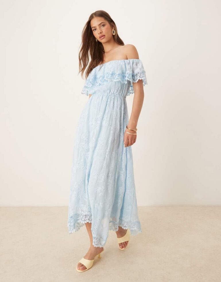 Forever New bardot ruffle midaxi dress in light blue