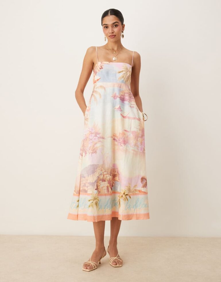 Forever New cami slip midaxi dress with pockets in beach print-Multi
