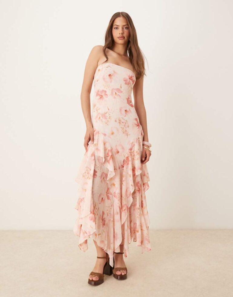 Forever New ruffle maxi dress in apricot floral-Multi