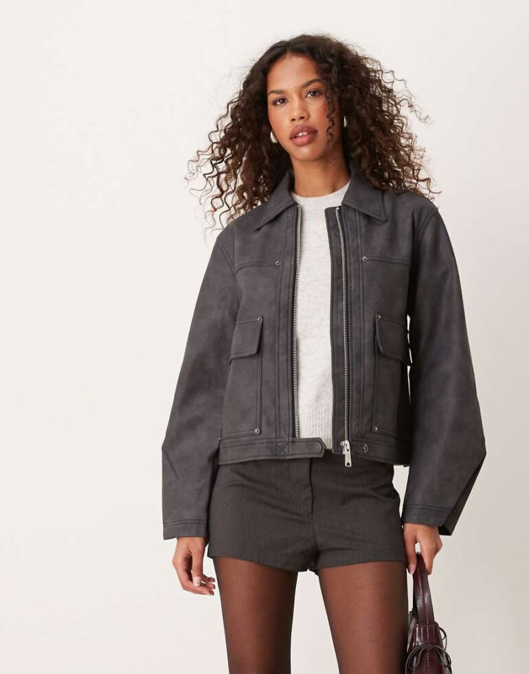 Free People winnie faux leather motor jacket in charcoal-Grey