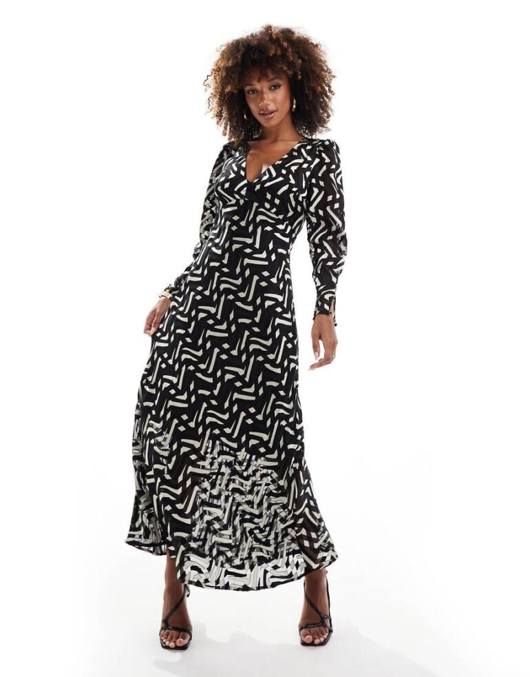 French Connection Diandra satin midi dress in mono burn out-Multi