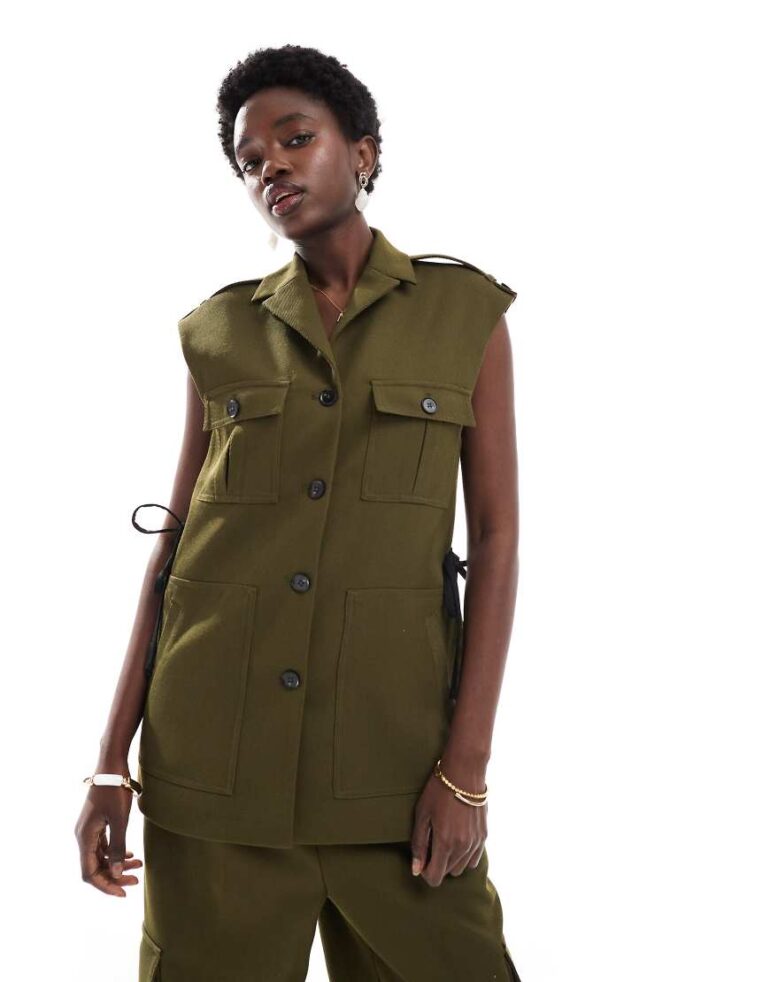 French Connection Florence twill utility waistcoat co-ord in khaki-Green