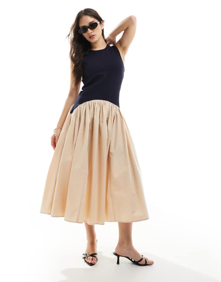 French Connection Jia drop waist midi dress in navy and cream-Multi