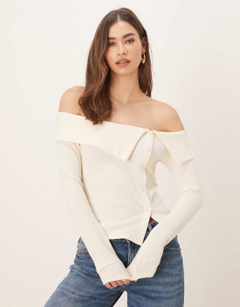 Gina Tricot button front ribbed long sleeve off the shoulder top in cream-White