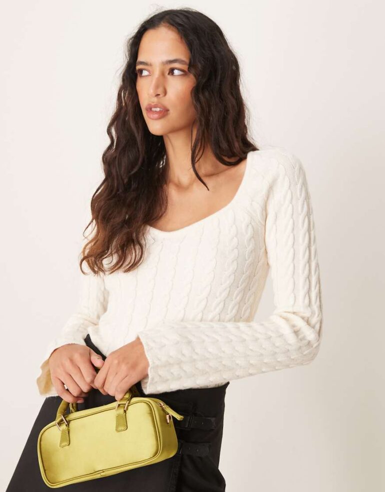 Gina Tricot cable knit fitted sweater with sweetheart neck in cream-White