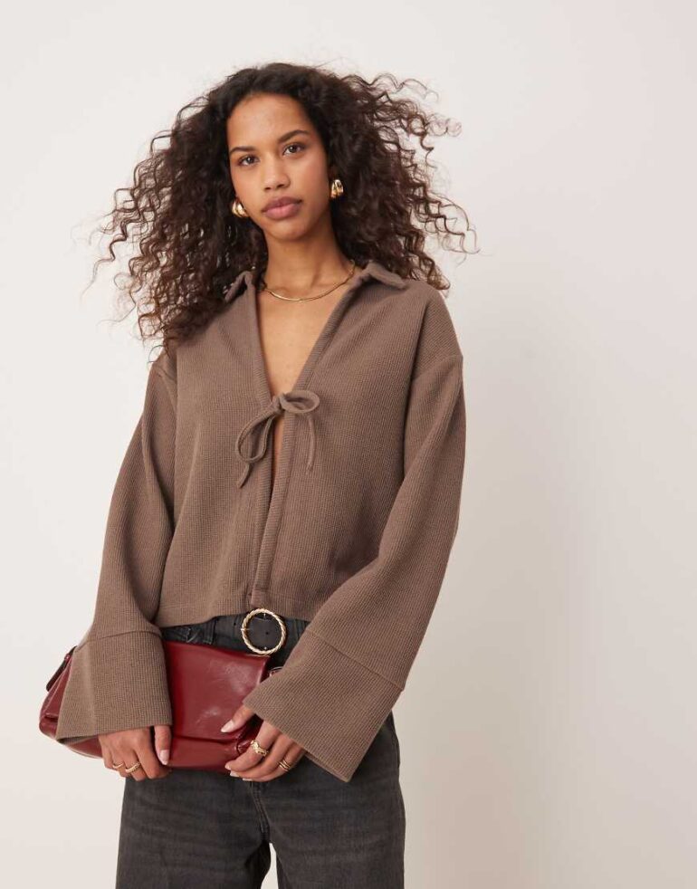 Gina Tricot collar tie front cardigan top in brown