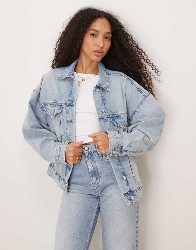 Gina Tricot denim oversized boyfriend jacket in light wash blue