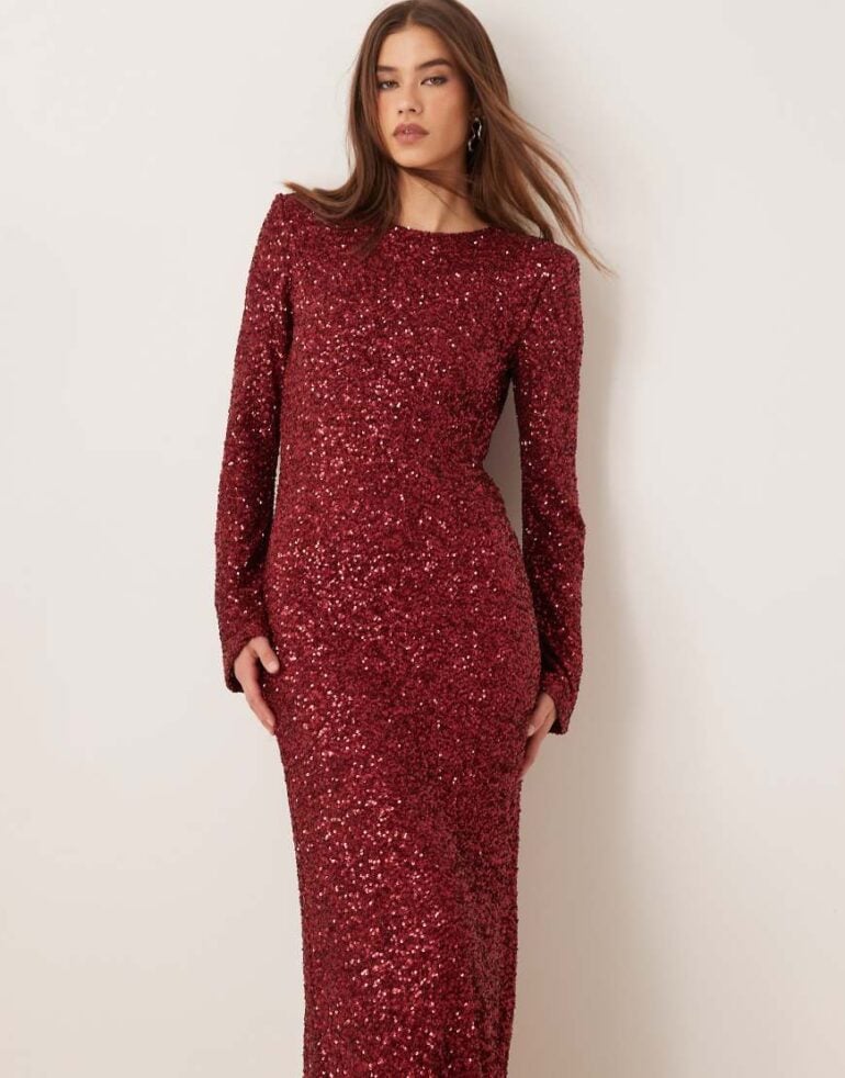 Gina Tricot fluted sleeve sequin maxi dress with open back in dark red