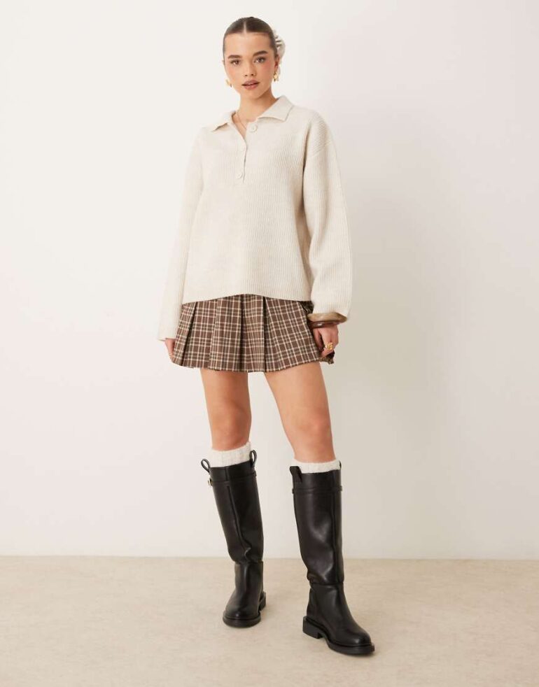 Gina Tricot knitted button polo collar long sleeve top in stone-Neutral