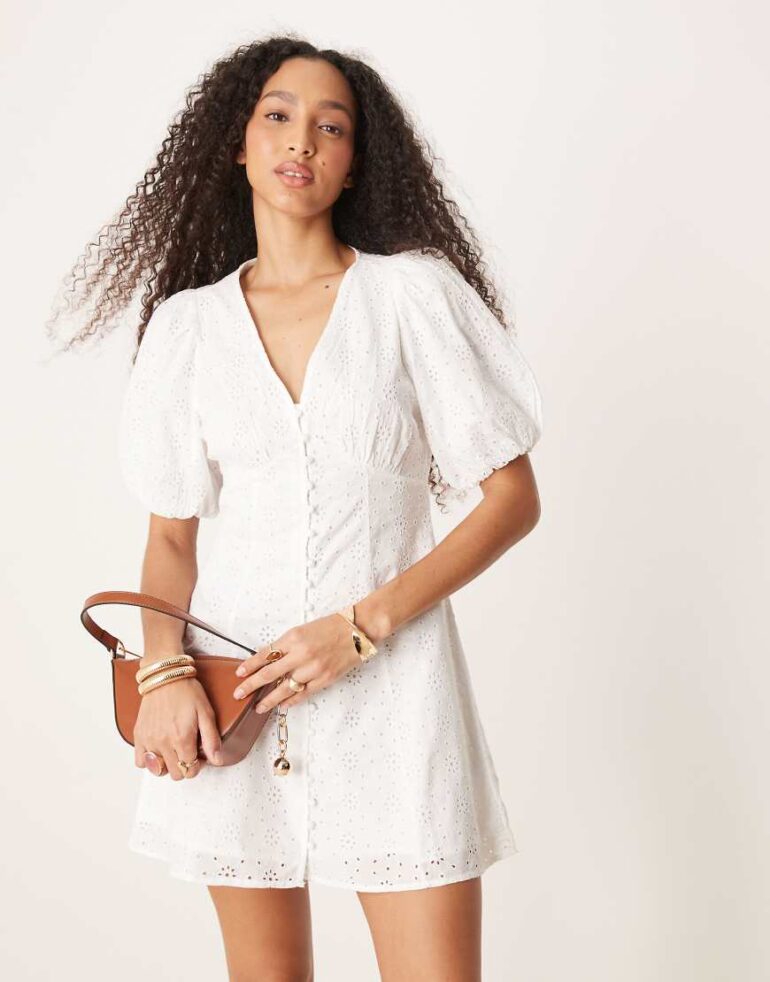Gina Tricot long sleeve broderie anglais v neck graduation mini dress in off white