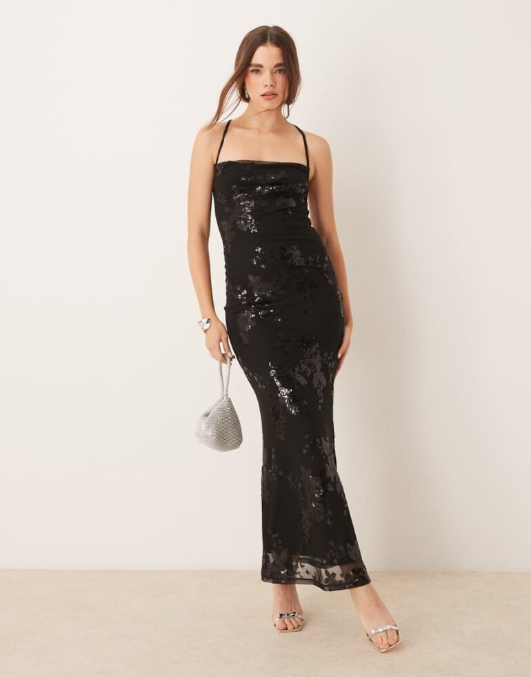 Gina Tricot low back textured jacquard stretch maxi dress in black metallic floral pattern