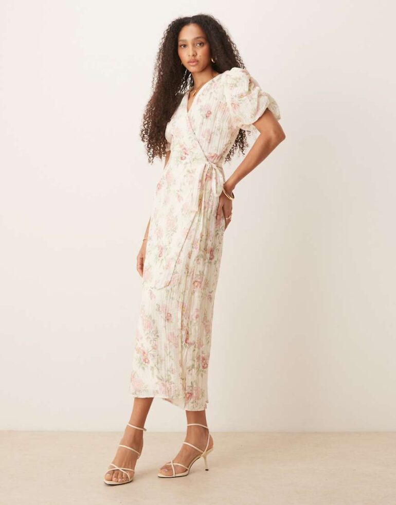Gina Tricot puff short sleeve v neck wrap tie front midi dress in yellow flower print