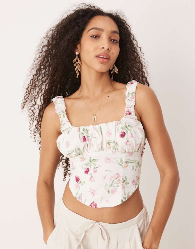 Gina Tricot rose print corset style top in lace up back detail in white